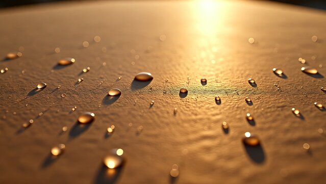 Golden raindrops on metallic surface with sunlight reflection, ideal for luxury brand advertising, corporate marketing materials, and website hero image backgrounds with copy space for text