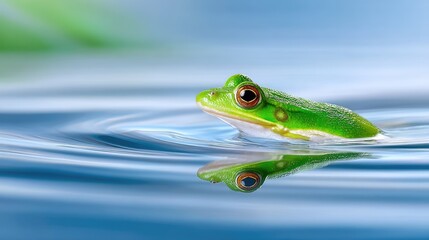 Vibrant Green Frog With Bright Orange Eyes Peeking Above Rippling Blue Water Surface Macro Shot With Clear Reflection Below Soft Green And Blue Background Bokeh