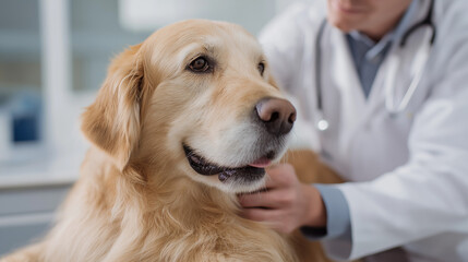 Male Veterinarian Petting a Golden Retriever Dog. Healthy Pet on a Check Up Visit in Modern Veterinary Clinic with Happy Caring Doctor