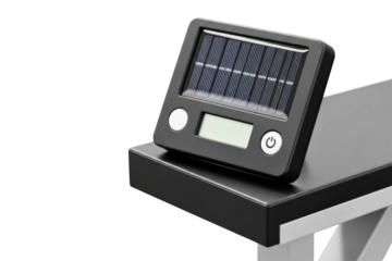 Miniature solar cell with a digital screen and power button isolated on transparent background