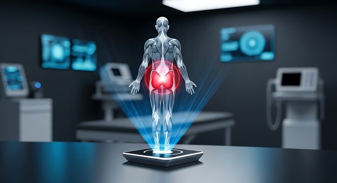 Holographic Human Body Scan with Pain Indication in Futuristic Medical Setting.