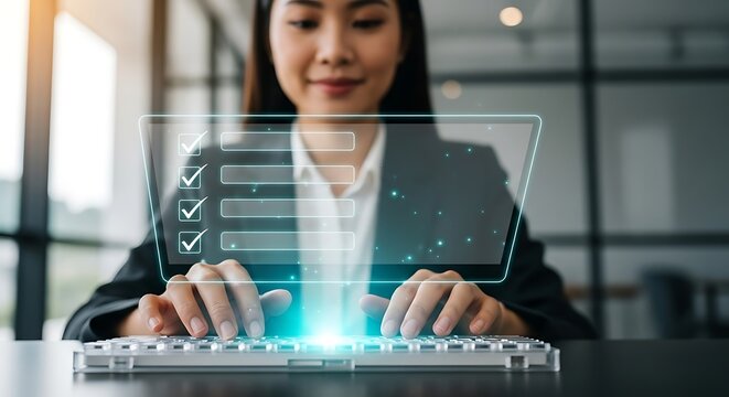 Asian businesswoman completing online form on computer with checklist.