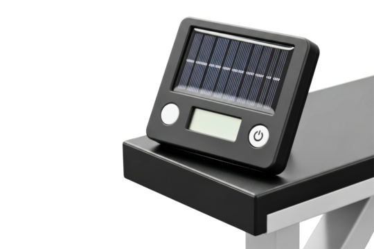 Miniature solar cell with a digital screen and power button isolated on transparent background