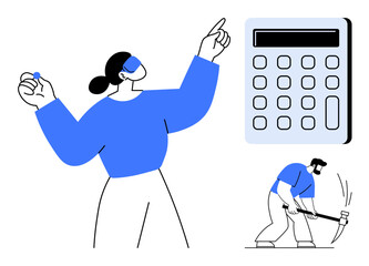 Person pointing upward with key, calculator symbolizing budgeting, worker with pickaxe representing effort. Ideal for teamwork, finance, decision-making, growth, problem-solving, planning