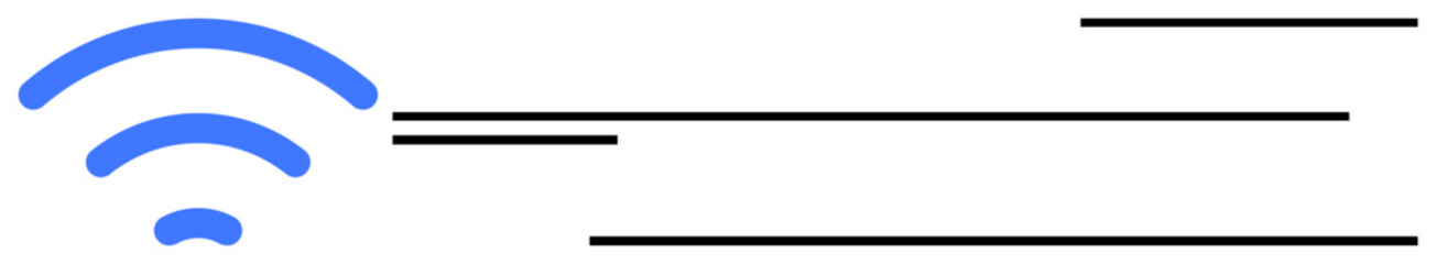 Blue wireless signal radiating alongside black horizontal lines symbolizing connectivity and data flow. Ideal for technology, communication, network, internet, wireless access, digital