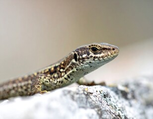 Fototapeta premium Close-up of a reptile, showcasing detailed scales and attentive gaze. Blurred background
