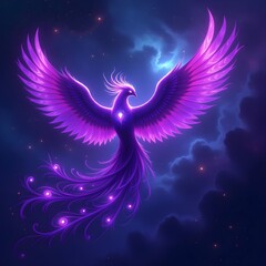 Purple Phoenix Soaring Through a Starry Night Sky with Ethereal Clouds