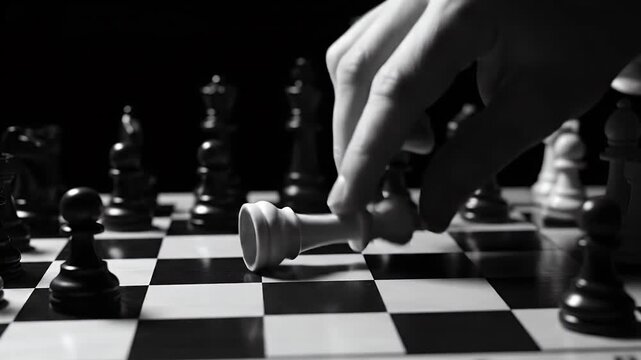 Hand Knocks Over White King Piece on Chessboard Strategy Game Over