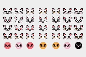 Expressive Cat Emoji Grid – 42 Stylized Faces with Colorful Moods and Icons