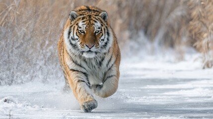 Obraz premium Captivating Siberian Tiger Striding Confidently Through a Winter Wonderland Landscape