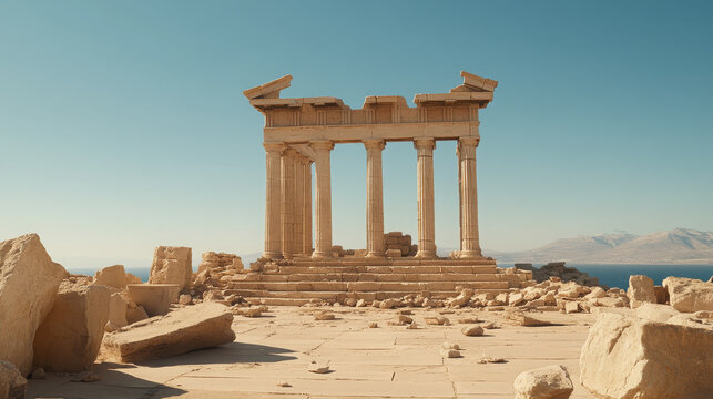 Ancient temple ruins with stone columns under clear sky, historic architecture, serene landscape