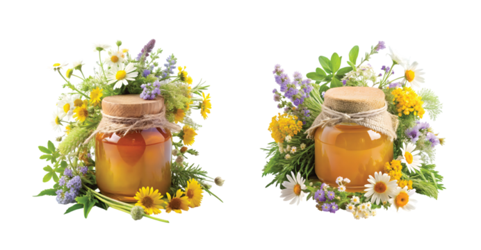 Honey Jar Surrounded by Wildflowers: A honey jar placed among small wildflowers and herbs, nature-inspired arrangement, crisp PNG.