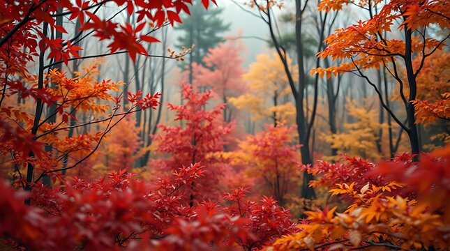 Ultra-realistic photorealistic render of a temperate forest in autumn, fiery reds, oranges, and yellows, sharp details, shallow depth of field, close-up on foliage - Powered by Adobe