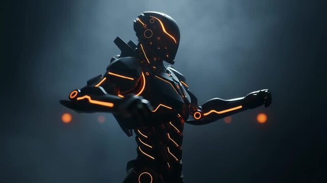Futuristic robot with glowing orange circuits in a dark setting