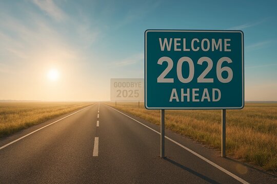 Welcome 2026 ahead sign on road with goodbye 2025 in back