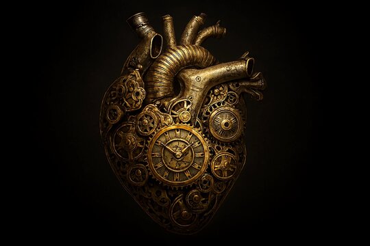 Steampunk heart with gears and clockwork on a dark background