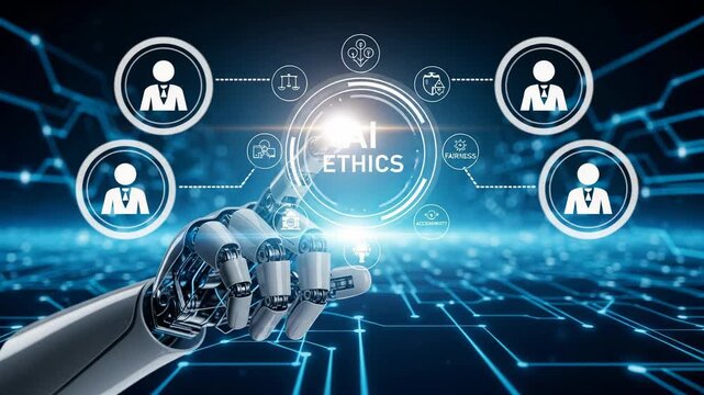 Robot hand touching ai ethics concept with icons