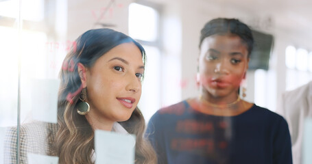 Meeting, discussion and planning with business people at glass for brainstorming, teamwork and budget review. Investment timeline, sticky note and collaboration with employees in office project