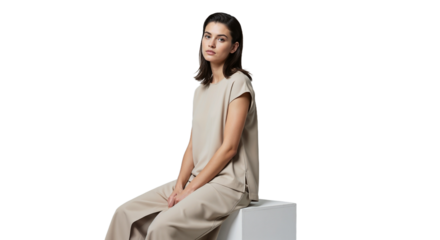 Model showcases modern fashion in neutral tones while sitting gracefully on a pedestal in a minimalist setting