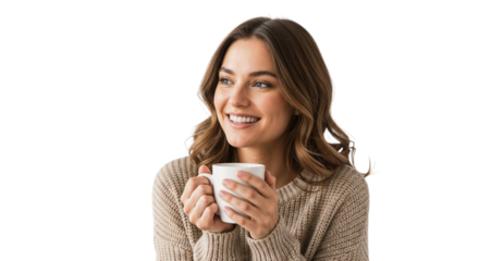 Young woman enjoying a warm drink while smiling in a cozy sweater