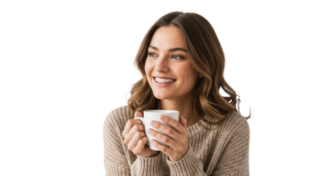 Young woman enjoying a warm drink while smiling in a cozy sweater - Powered by Adobe