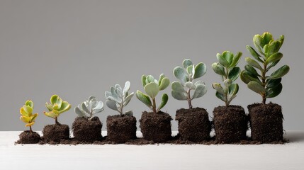 Varied Succulent Plants in Soil Showing Growth Stages on a Light Surface for Gardening and Home Decor Themes