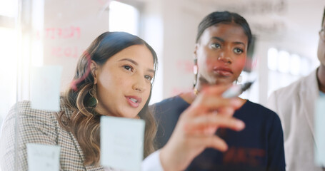 People, glass and meeting in office for business, brainstorming and task delegation for productivity. Team, sticky notes and workshop in agency for project timeline, planning agenda and discussion