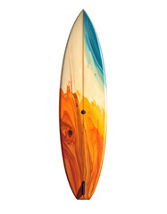 Colorful Surfboard with Artistic Design in Vibrant Orange and Blue Against a Transparent Background
