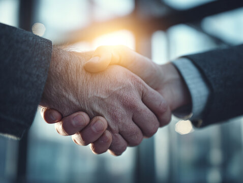 Business partners sealing a deal with a firm handshake, symbolizing trust and success in the office