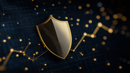 Golden shield and data line symbolizing security and growth