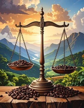 A scale balances coffee beans with a mountainous landscape background at sunset. The wooden table holds more beans