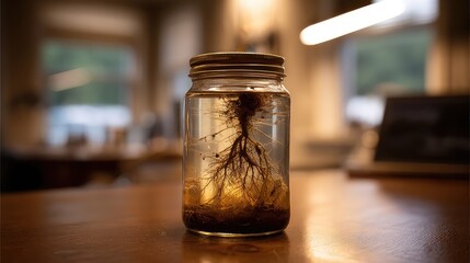 Glass Jar with Visible Roots Inside, Liquid Substance, Artistic Studio Background, Natural Scene, Cozy Atmosphere