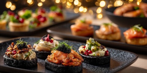 Elegant Christmas Appetizers with Black Bread and Gourmet Toppings