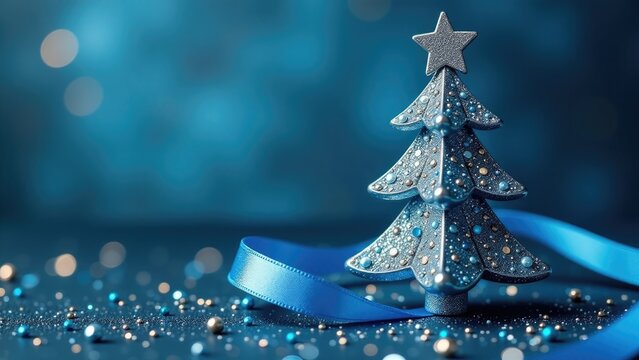 A silver Christmas tree decorated with a blue ribbon