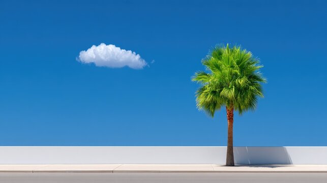 A single green palm tree stands tall under a clear bright blue sky with a fluffy white cloud isolated on a white wall backdrop with asphalt road foreground - Powered by Adobe