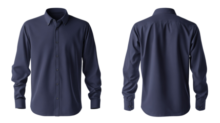 navy blue formal shirt mockup front and back view template isolated on transparent white background