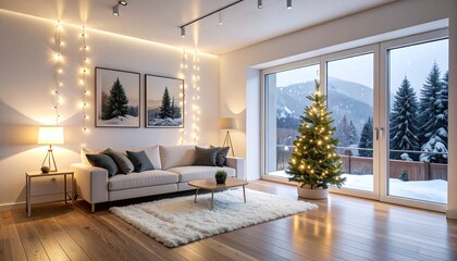 Obraz premium Luxurious Living Room with Grand Piano, Christmas Trees, and Snowy Forest View