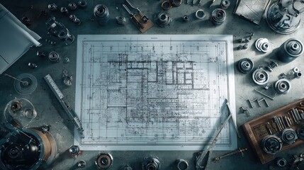 Detailed Blueprint Surrounded by Mechanical Tools and Components on a Workbench