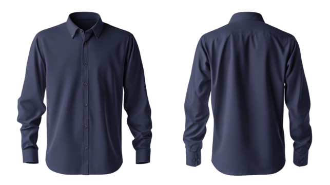 navy blue formal shirt mockup front and back view template isolated on transparent white background