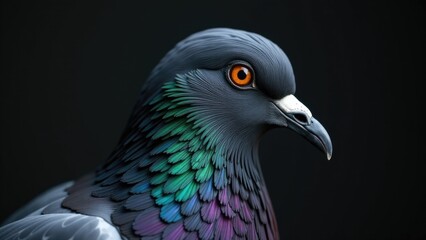Fototapeta premium A close-up shot of a pigeon's feathers and beak on a dark background