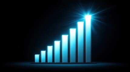 Blue Bar Graph Showing Steady Growth with Bright Light Effect on Black Background