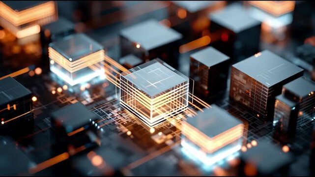 Self supervised learning. Neural network AI model training. Unsupervised data algorithm. Deep learning NLP. Abstract close-up of a futuristic microchip with glowing elements.
