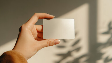 Hand holding a blank white card in natural sunlight with soft shadow background, minimal identity or branding mockup concept
