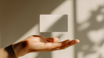 Minimalist scene of a blank white card levitating above an open hand in warm sunlight with soft shadows, conceptual mockup for identity or branding
