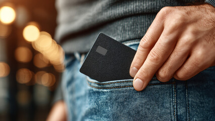 Close-up of a man inserting a black smart card into the front pocket of blue jeans, modern digital payment or identity concept with warm bokeh background
