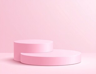 A pink 3D rendering of two cylindrical platforms, one elevated. The backdrop is plain pink, with soft shading