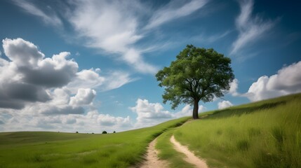 Obraz premium Winding Dirt Path Guiding the Eye Toward a Lone Tree Standing in an Expansive Field, Serene Countryside Setting with Rustic Trail and Minimalist Horizon green field and blue sky