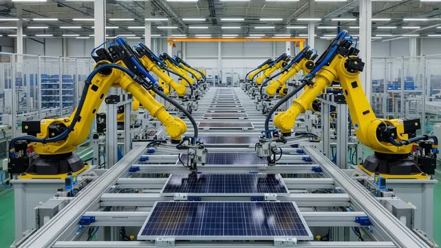 Robotic arms assembling solar panels on a factory production line