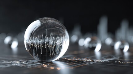 Abstract representation of data visualization with glass spheres reflecting digital metrics and financial information