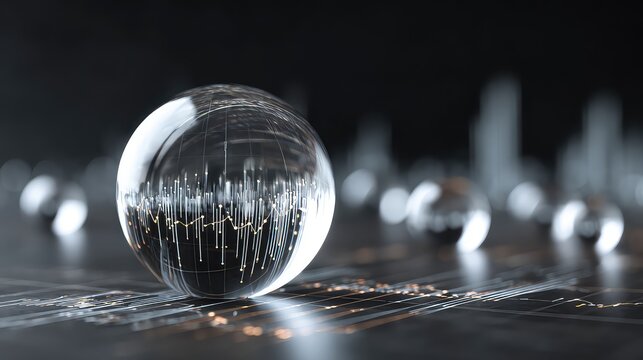 Abstract representation of data visualization with glass spheres reflecting digital metrics and financial information - Powered by Adobe